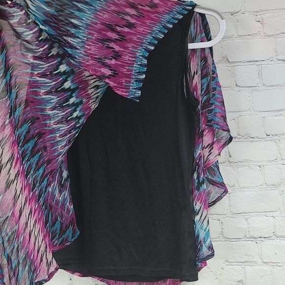 Roz & Ali Petite XS Purple Teal Aztec Flowy Short Sleeve Scarf Drape Tank Blouse - Picture 2 of 5
